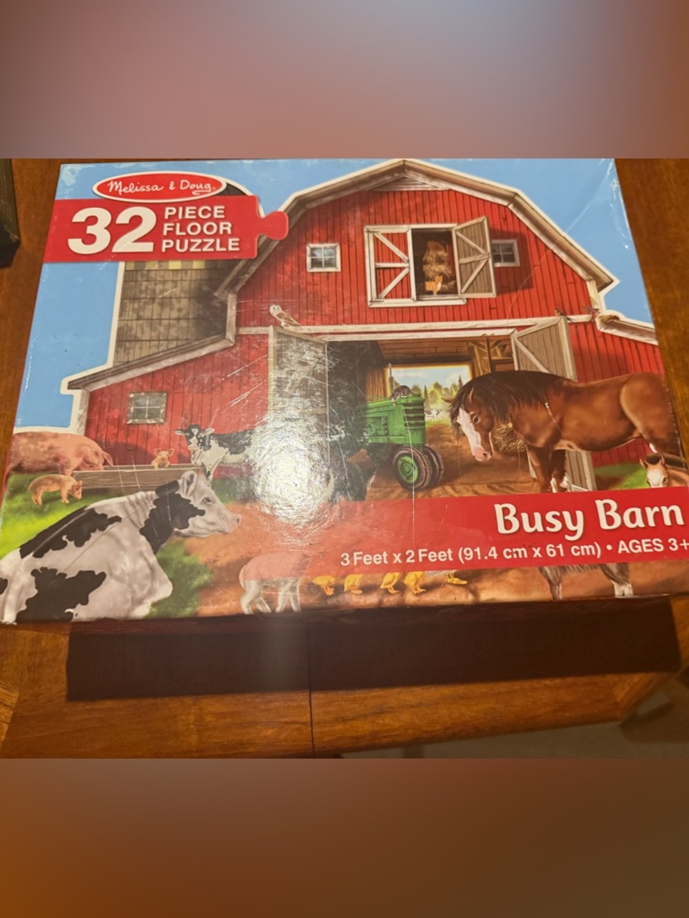 Melissa & Doug Red Barn Farm Floor Puzzle with Green Tractor